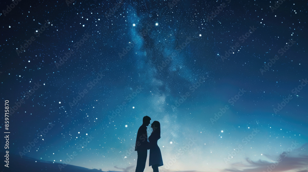 Two people stand close together under a starry night sky, surrounded by countless shining stars. Two people stand close together under a starry night sky, surrounded by countless shining stars.