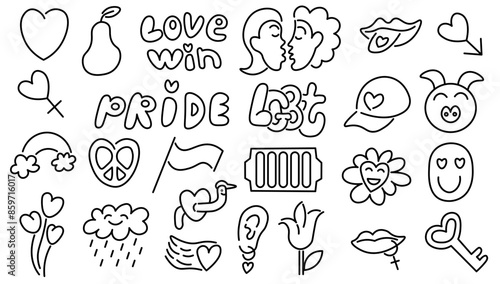 isolated doodle illustration set on the theme of lgbt and pride in vector. image for posters, stickers, logo, cards, invitations