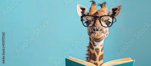 Funny little giraffe with glasses reading book on pastel blue background. Education, back to school, learning, knowledge concept
