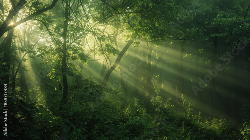 A forest with sunlight shining through the trees, creating a peaceful