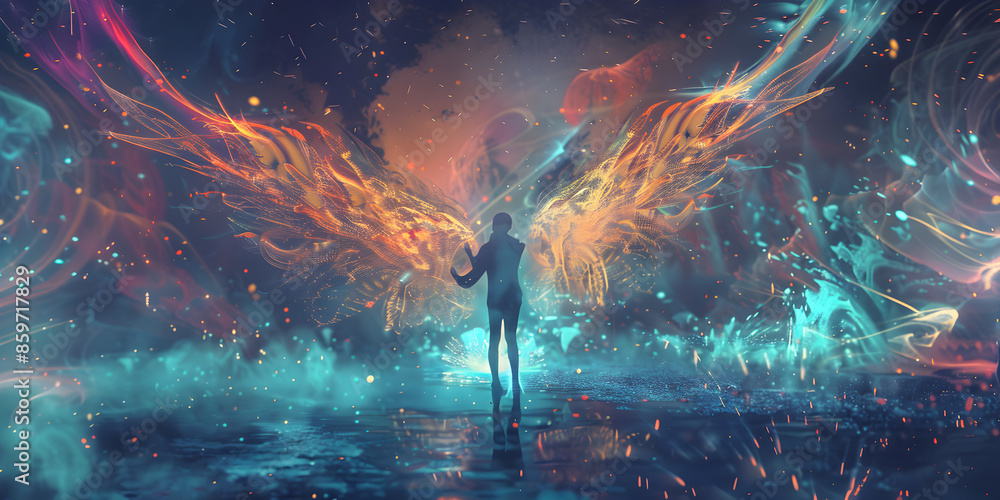 Digital art of a person with wings made of light.
Digital art of a person with wings made of light.