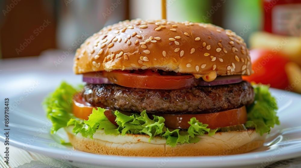 Juicy Sesame Seed Burger with Lettuce and Tomato Juicy Sesame Seed Burger with Lettuce and Tomato