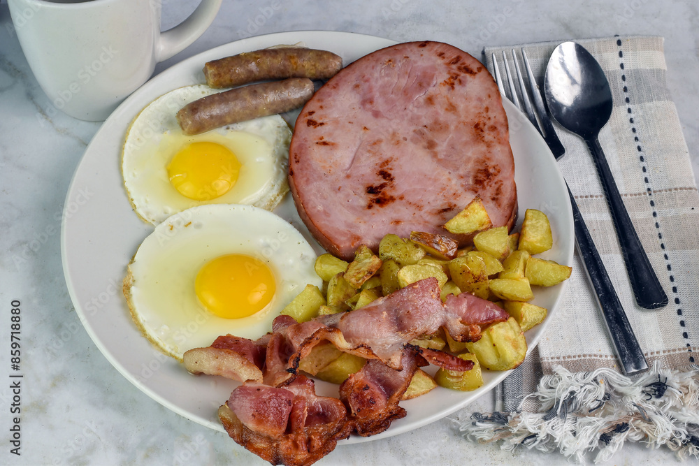 fried eggs with ham, bacon and sausage fried eggs with ham, bacon and sausage