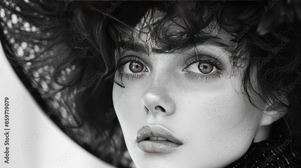 Black and White Portrait of a Woman with Curly Hair Black and White Portrait of a Woman with Curly Hair