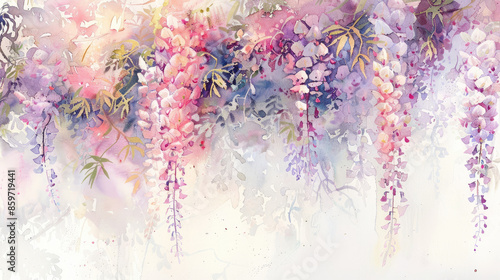 Delicate purple and pink flowers hang gracefully from green vines, painted in soft watercolor with subtle shades of white and light colors.