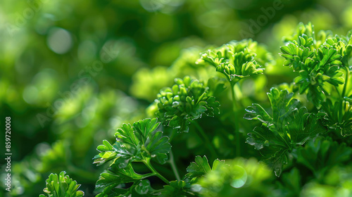 Bright green leaves fill the scene, with sunlight shining on them, creating a fresh and vibrant look. The background is softly blurred with light bokeh.