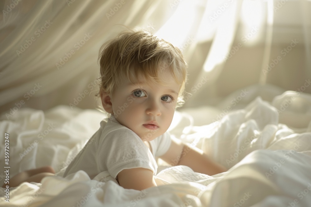 Ultra sharp image capturing one-year-old baby boy enjoying moment of relaxation in sunlit bedroom Ultra sharp image capturing one-year-old baby boy enjoying moment of relaxation in sunlit bedroom