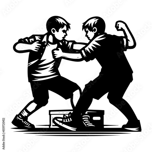 Two monochrome silhouette young boy are fighting