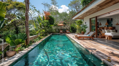 Wallpaper Mural A luxurious outdoor pool is nestled amidst lush tropical plants, featuring comfortable loungers and an inviting ambiance perfect for relaxation and enjoyment in a serene setting. Torontodigital.ca