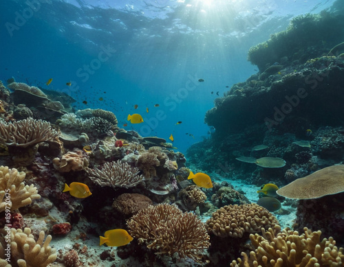 coral reef and diver widh fishes