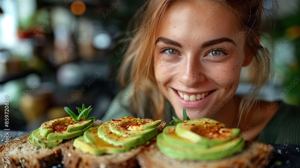 Delicious toast is topped with sliced avocado, cherry tomatoes, and a sprinkle of feta cheese and microgreens