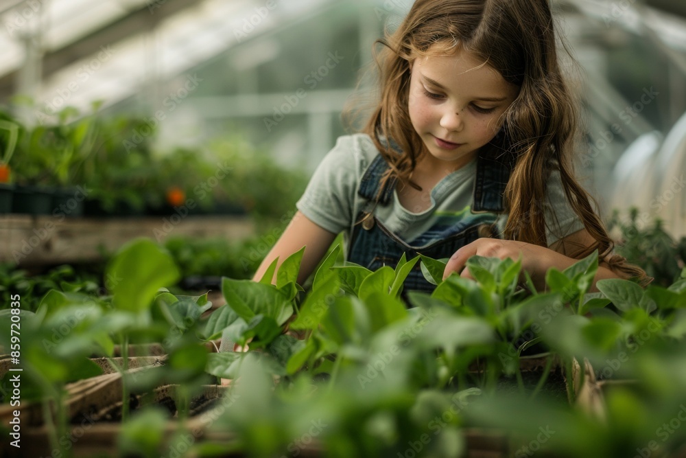 Ultra sharp image illustrating young girl's dedication as she tends to plants in greenhouse Ultra sharp image illustrating young girl's dedication as she tends to plants in greenhouse