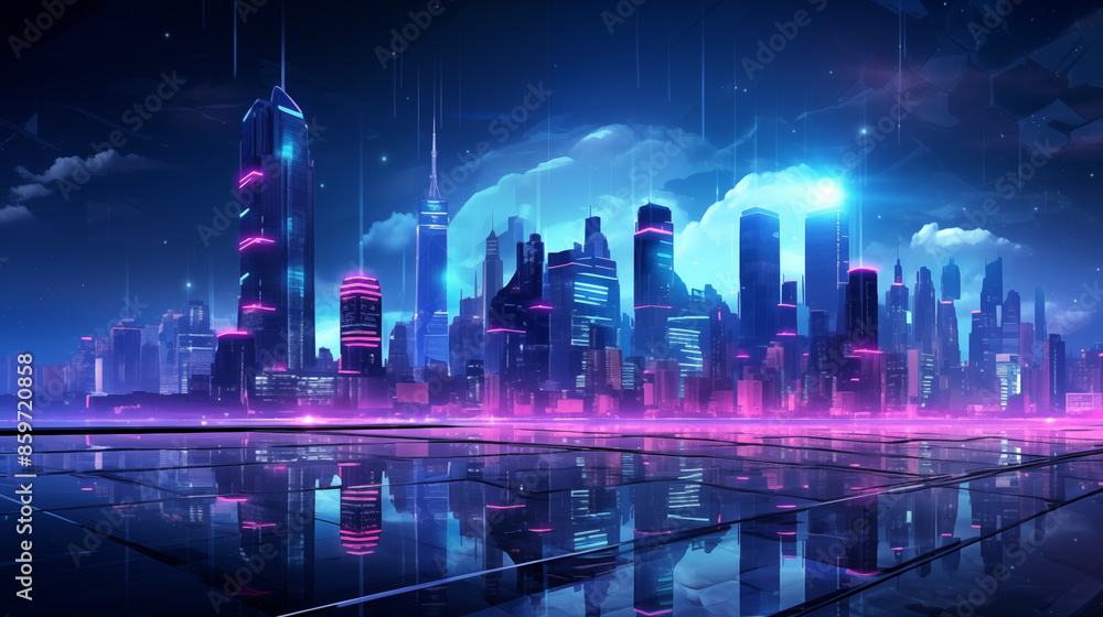 Night City , shades of blue, pink and purple. City in neon lights Night City , shades of blue, pink and purple. City in neon lights