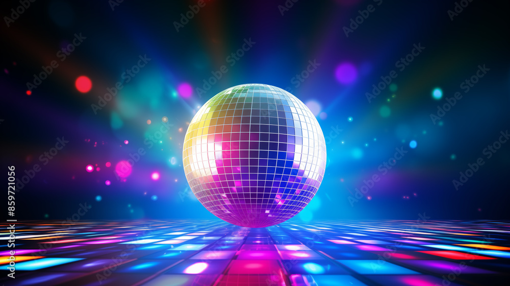 A glass disco ball in neon lights. A glass disco ball in neon lights.