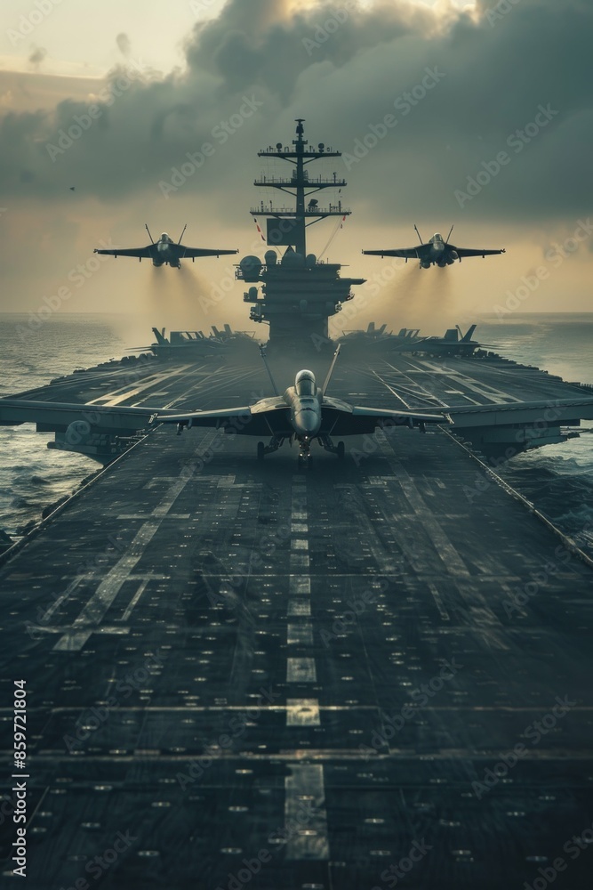Wide poster of a military aircraft carrier ship with fighter jets taking off during a special Wide poster of a military aircraft carrier ship with fighter jets taking off during a special