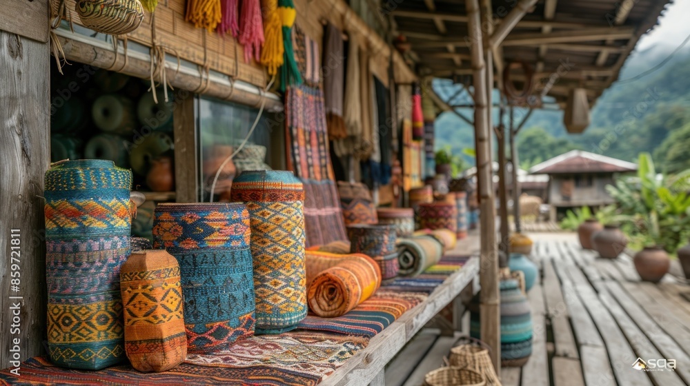 Traditional Woven Crafts Displayed in a Southeast Asian Village Shop Traditional Woven Crafts Displayed in a Southeast Asian Village Shop