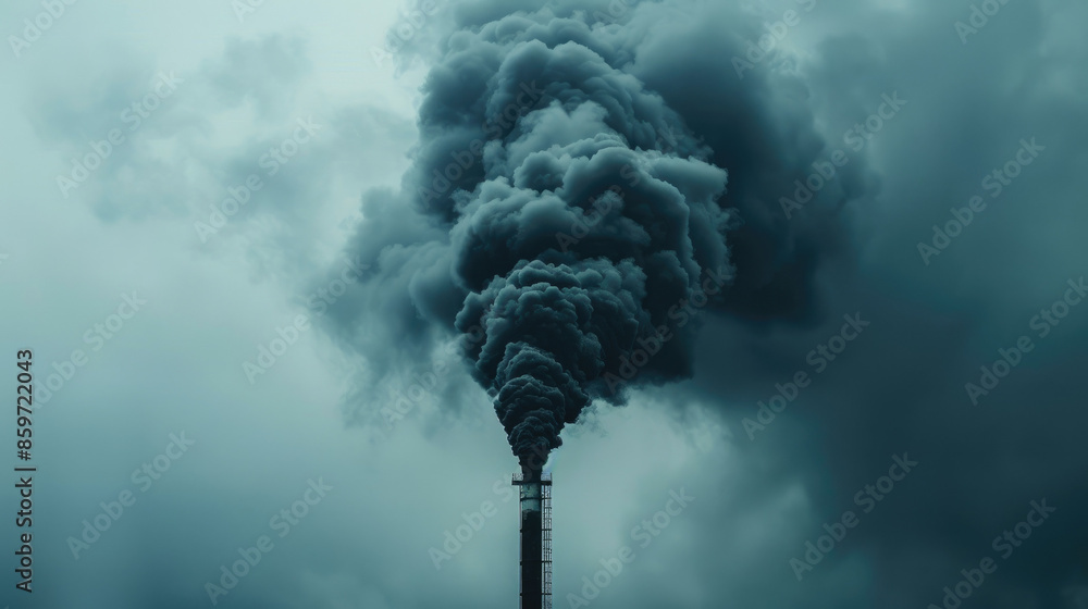 Thick dark smoke rises from a tall industrial chimney against a cloudy ...