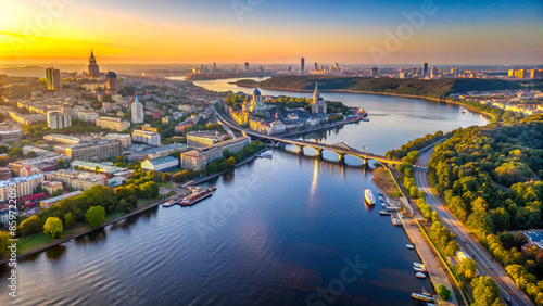 Aerial drone view. View of the Dnieper River and the Podil district in Kiev in the early morning. photo