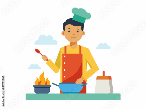 Young man cooking wearing an apron. Male chef preparing food. Concept of cooking, kitchen, and domestic activities. Graphic art