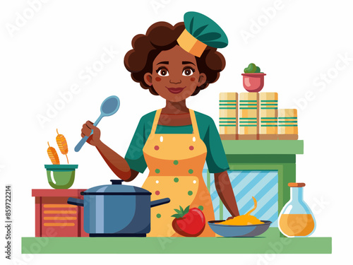African American Woman cooking wearing an apron. Female chef preparing food. Concept of cooking, kitchen, and domestic activities. Graphic art