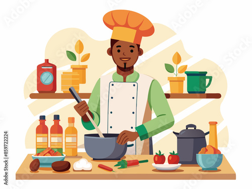 African American man cooking wearing an apron. Male chef preparing food. Concept of cooking, kitchen, and domestic activities. Graphic