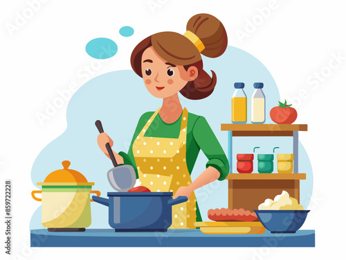 Woman cooking on a stove wearing an apron. Female chef preparing food. Concept of cooking, kitchen, and domestic activities. Graphic art. White background
