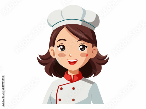 Young Asian female chef wearing a white hat and chef uniform, isolated on white background. Happy woman cook. Concept of cooking, kitchen, and culinary arts. Print, logo, design element