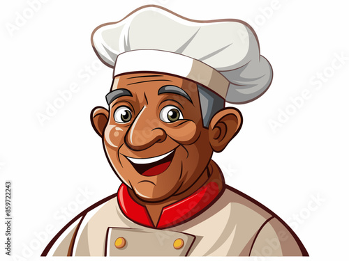 Elderly African American male chef wearing a white hat and chef uniform, isolated on white background. Smiling man cook. Concept of cooking, kitchen, and culinary arts. Print, logo, design element