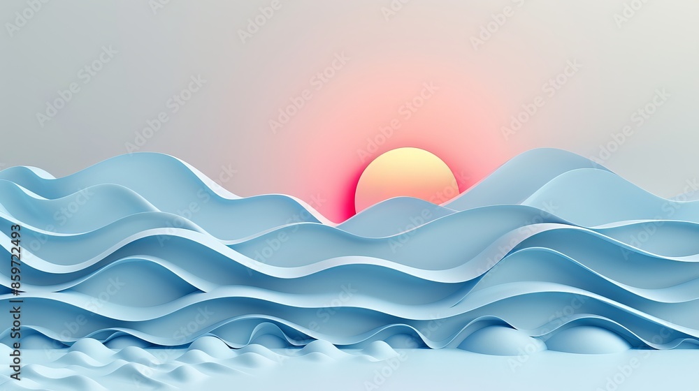 Fototapeta premium Abstract Paper Sunset Over Wavy Landscape