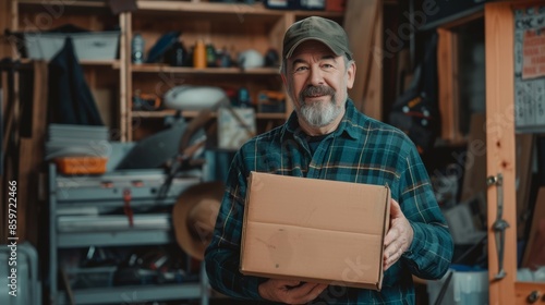 Middle-aged man experiencing back pain after lifting a box in an organized garage