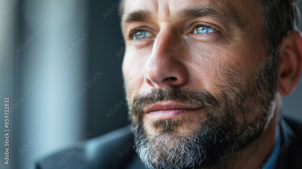A bearded man looking thoughtful, with blue eyes, dressed in a dark suit against a blurred background. His face is in sharp focus. A bearded man looking thoughtful, with blue eyes, dressed in a dark suit against a blurred background. His face is in sharp focus.