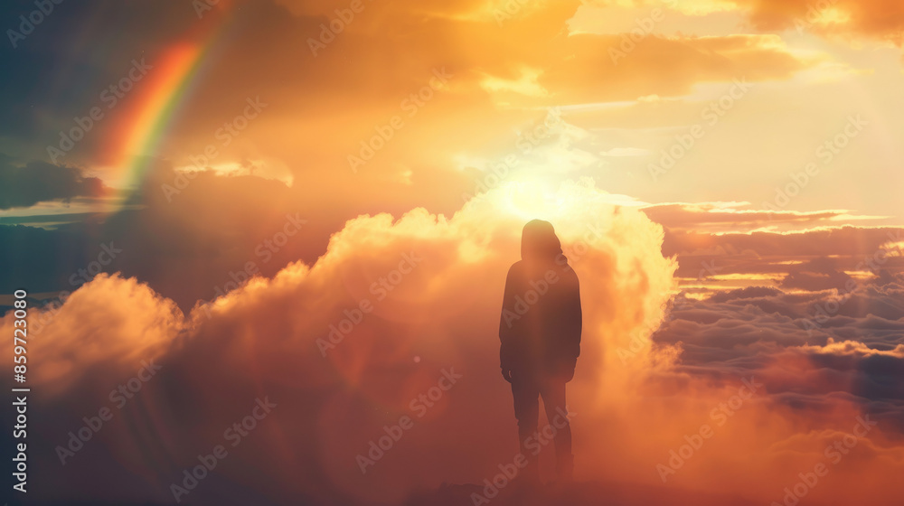 Fototapeta premium A person in a hooded jacket stands among clouds with a colorful rainbow against the backdrop of a golden, sunlit sky.