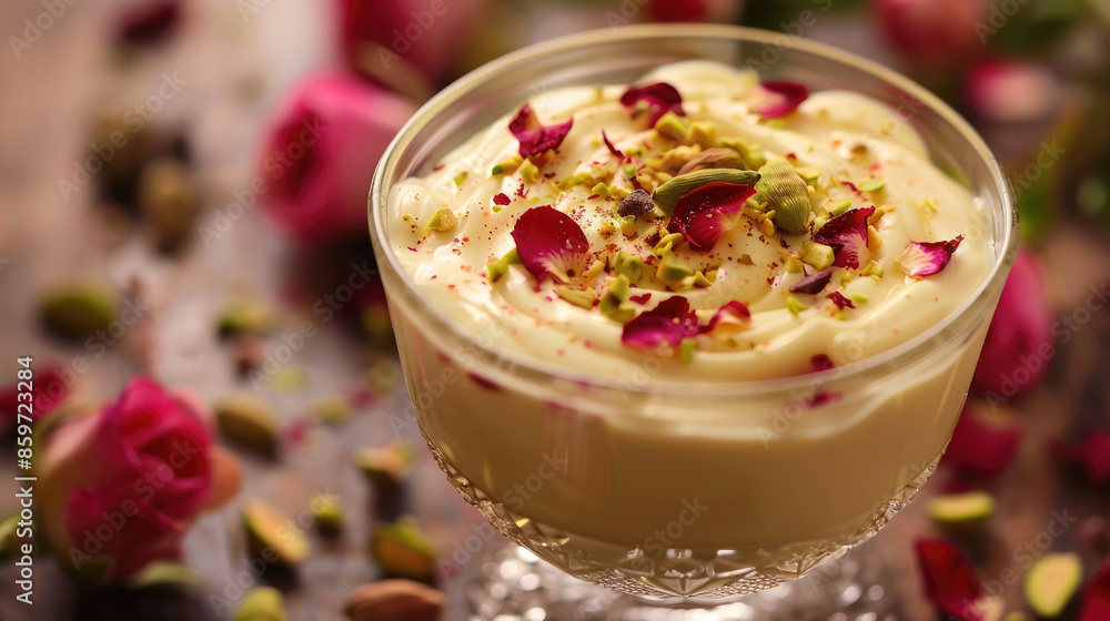 A glass dessert bowl holds creamy pudding, garnished with crushed pistachios and rose petals. Scattered rose petals and pistachios surround the bowl. A glass dessert bowl holds creamy pudding, garnished with crushed pistachios and rose petals. Scattered rose petals and pistachios surround the bowl.