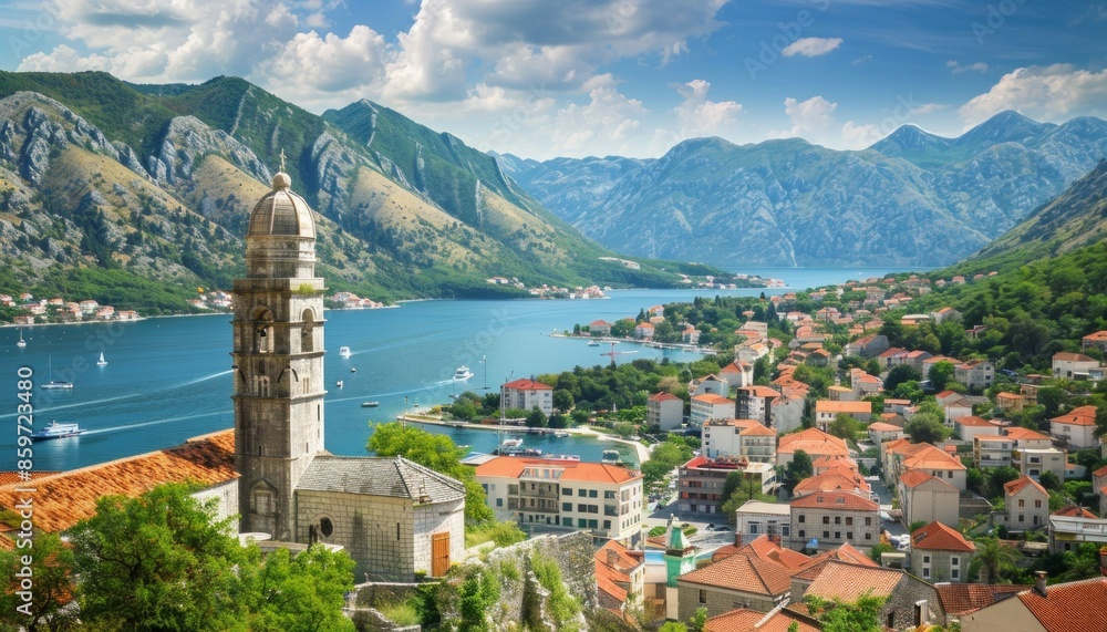 Fototapeta premium Ancient church dominates Kotor, Montenegro's landscape Lively harbor, boat