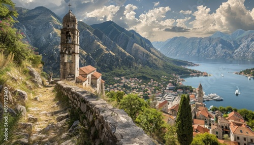 Ancient church dominates Kotor, Montenegro's landscape Lively harbor, boat
