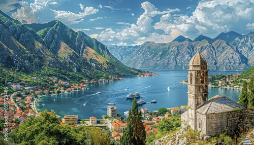Ancient church dominates Kotor, Montenegro's landscape Lively harbor, boat