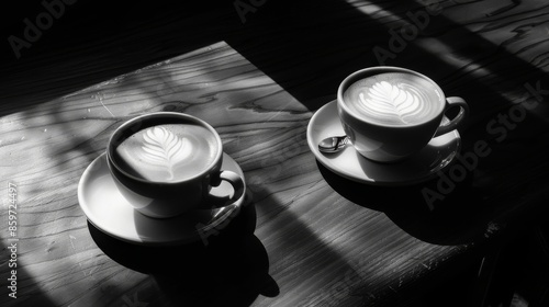 Two cups of coffee, each with latte art, are placed on a wooden table illuminated by natural sunlight, creating a serene and inviting atmosphere. photo