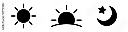 Time of the day signs. Rising and setting sun icon, crescent moon and stars, day and night time symbols. Vector illustration.