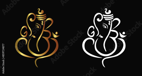 Ganesha Line art in Gold and white color, element for Indian wedding cards, Shubh Laabh, vector illustration