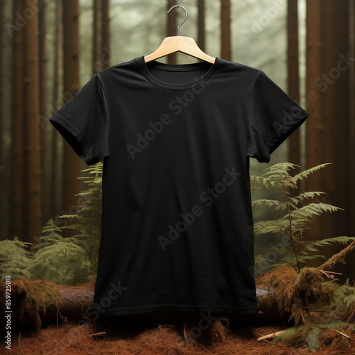 Black T-Shirt Mock-up on wooden hanger, front and rear side view. High resolution. Forest background