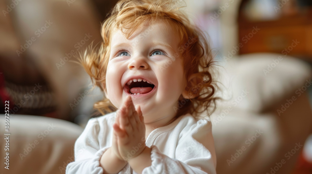 A young child with red curly hair is smiling happily, looking up with eyes open wide, hands held together in front. Coffered chairs in the background. A young child with red curly hair is smiling happily, looking up with eyes open wide, hands held together in front. Coffered chairs in the background.