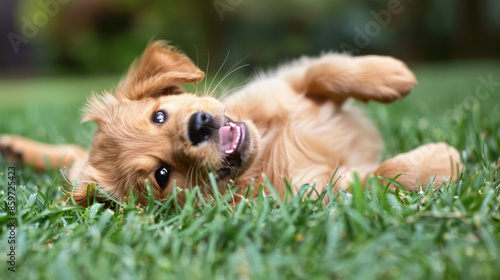 A happy puppy with light brown fur lies on green grass, wagging its tail and looking up with playful eyes and an open, smiling mouth. photo