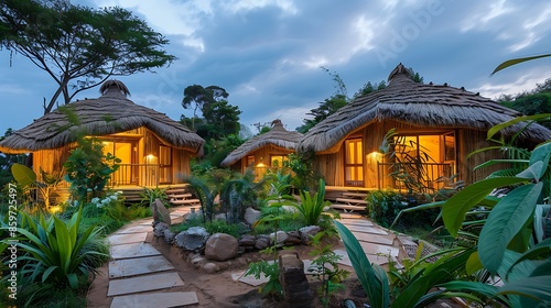 eco-resort with cabins built entirely from locally sourced materials, featuring thatched roofs, outdoor showers, and energy-efficient lighting solutions