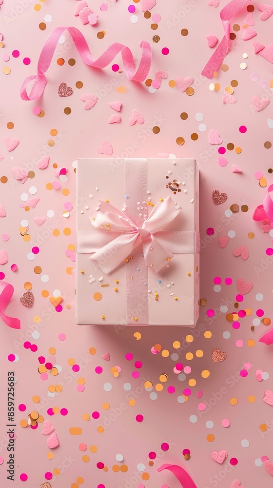 Fototapeta premium Gift box on pink background with confetti. Valentines Day gift or birthday present concept. Flat lay, top view. Valentines Day banner template 
