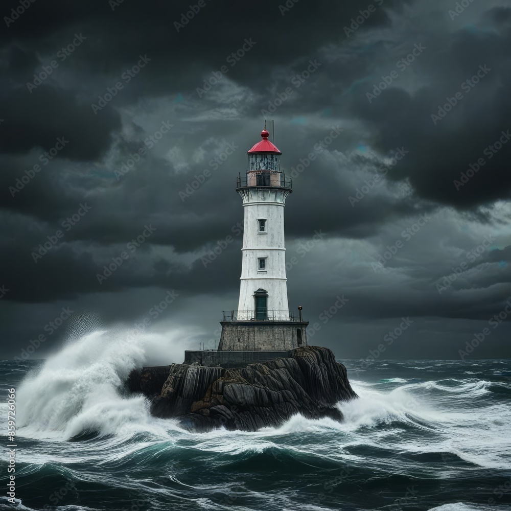 Waves crash on the rocky shoal on which the lighthouse is located Waves crash on the rocky shoal on which the lighthouse is located