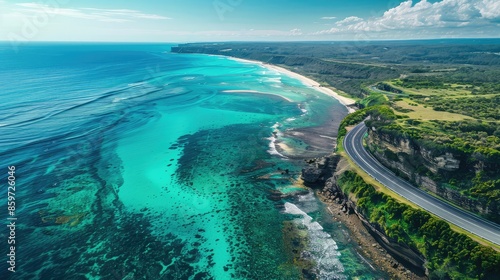 Rolling coastal highway hugging emerald cliffs overlooking a pristine aquamarine lagoon.