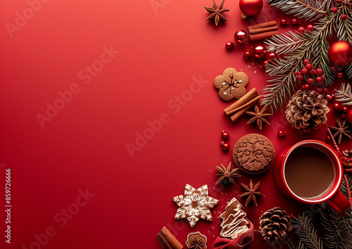 Festive Christmas Flat Lay with Hot Chocolate and Cookies on Red Background (generative AI)