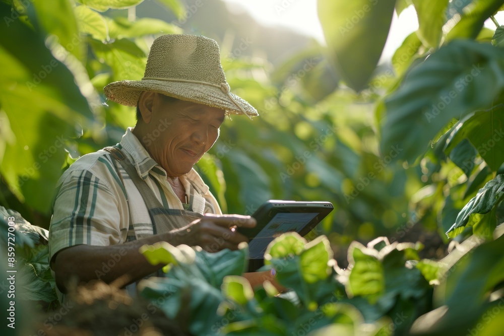 Focused farmer with digital tablet tends to crops, blending technology and traditional methods Focused farmer with digital tablet tends to crops, blending technology and traditional methods