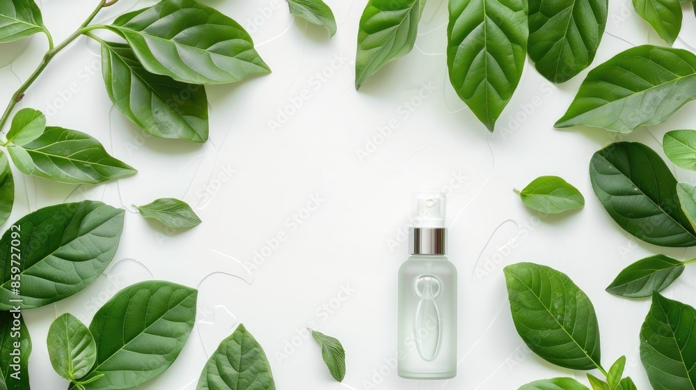 Cosmetic spray bottle on white paper with green leaves Background isolated top view space for text Cosmetic spray bottle on white paper with green leaves Background isolated top view space for text