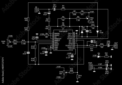 Schematic diagram of electronic device on sheet of paper. Vector drawing electrical circuit with connector,
resistor, capacitor, integrated circuit,
led, microcontroller, other components.